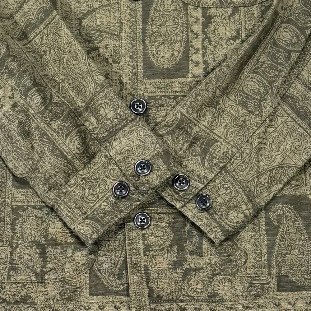 J.Crew Oarsman Batik Paisley Olive Green Brown Small  Cotton Linen Chore Jacket